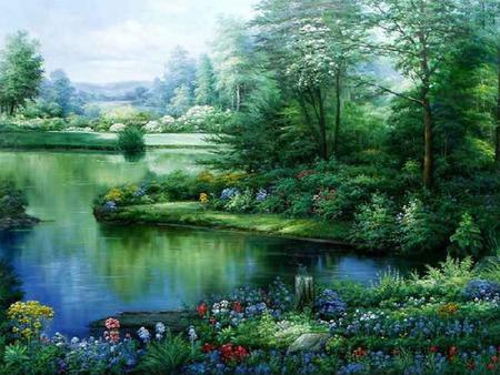 Tranquility Park - flowers, trees, pond, painting, bushes, beauty