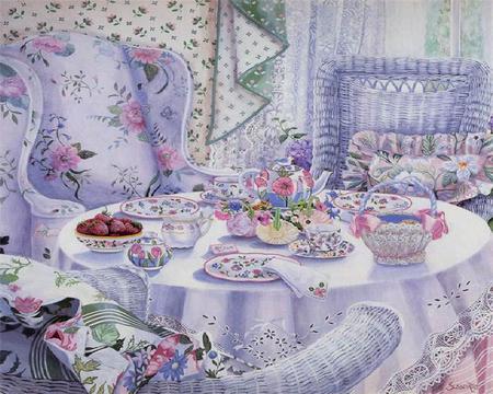 Breakfast - wicker, cups, strawberries, window, pillows, chairs, flowers, basket, curtain, bowl, plates, table cloth, wallpaper