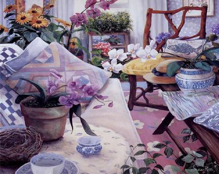 Gardener's Room - hat, sofa, curtains, pillows, chairs, saucer, plants, stand, cup, nest, table, flowers