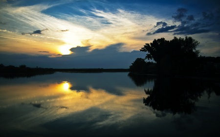 A Quiet Evening - sky, forests, sunset, lakes, nature, reflection, clouds, blue, colors