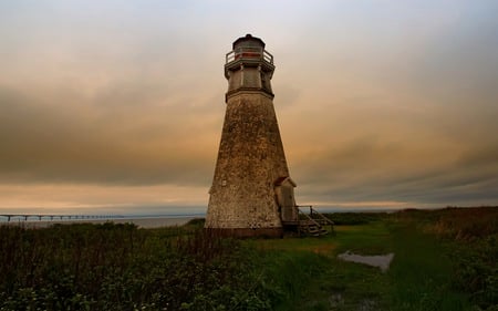 Cape Jourimain Lighthouse - clouds, lighthouses, dusk, ocean, architecture, bridge