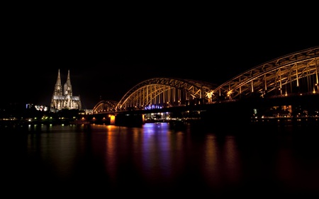 Cologne by Night - cathedral, river, bridges, beautiful, lights, night, architecture