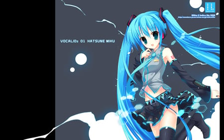 Hatsune Miku - pretty, tie, anime, vocaloid, blue, twintail, hatsune miku, headphones, blue hair, nice, blue eyes, belt, skirt, beautiful, hot, thighhighs, beauty, cool, black, grey, white, miku, awesome, cute, hatsune, headset, sexy, vocaloids