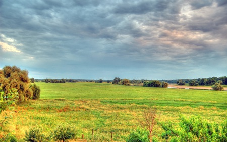 Colorful Landscape - fields, nature, rural, trees, cloudy, serene, beautiful, pond