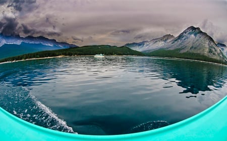 Fish Eye Boat Ride - lakes, nature, forests, cloudy, beautiful, water, clear, mountains