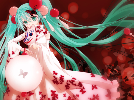 Hatsune Miku - miku, hatsune, cute, beautiful, vocaloids, blue hair, red, japan, pink, pretty, cool, beauty, mask, awesome, vocaloid, culture, anime, twintail, blue, japanese culture, butterfly, nice, kimono, blue eyes, japanese, hatsune miku