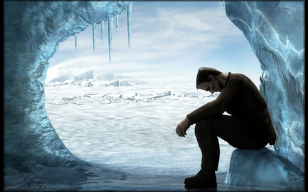 Frankenstein - alone, cave, monster, frankenstein, ice, snow