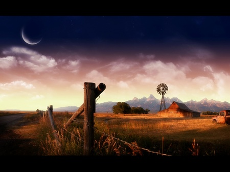 farmland - sky, fence, landscape, clouds, windmill, house