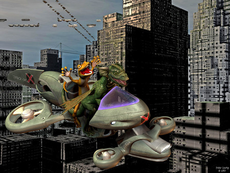 Back to the City - comic, flying, scifi, car, dragon, lizard