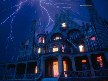 A Dark and Stormy Night - stormy, lightning, mansion