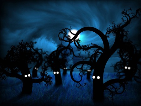 Dark Forest - moon, trees, eyes, night, scary