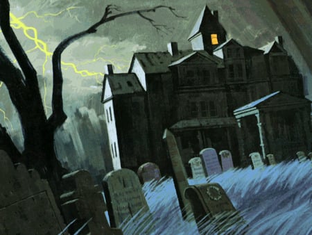 The Mansion - stormy, cemetery, lightning, mansion, graveyard, scene