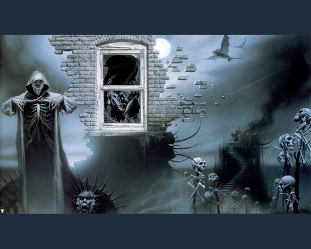 Deaths House - monster, bats, bricks, window, collage, death, evil