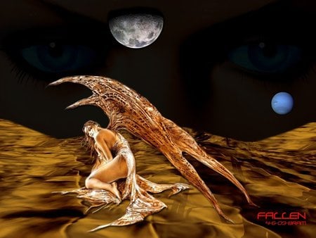 Fallen Angel - moon, female, winged, wings, angel, night, fallen