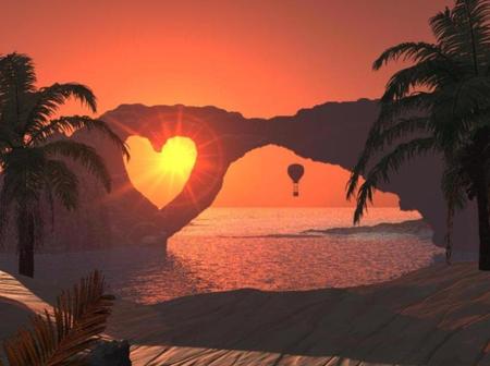 Heart and sun - nature, trees, heart, sunset, palm