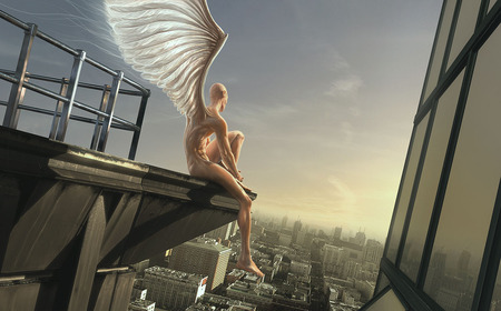 Angel - city, fantasy, abstract, angel