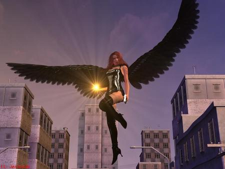 Urban Angel - winged, angel, light, wings, city, black