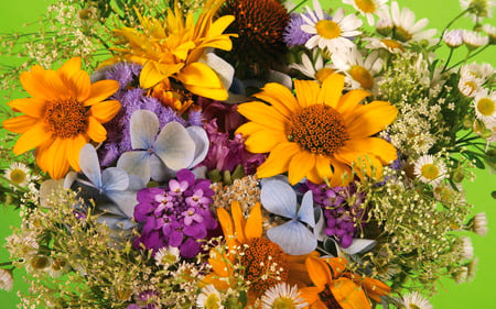 Flowers - bunch, green, flowers, yellow