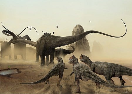 The Hunt - brontosaurus, hunting, desert, raptor