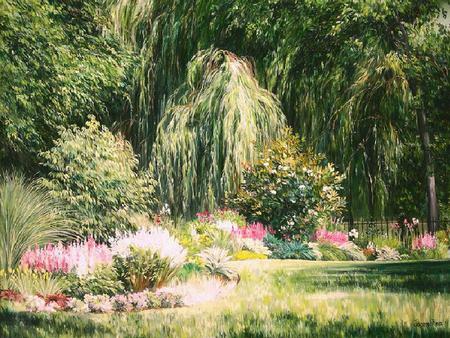 Weeping Willow - painting, weeping willow, fence, trees, sunlight, flowers, grass