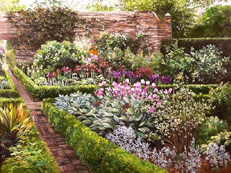 Rhonda's Garden - brick walkway, stone wall, trees, hedges, plants, painting, beautiful, garden, vines