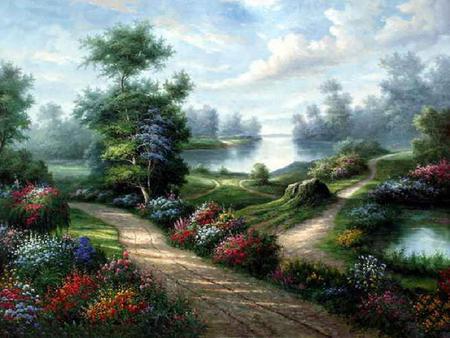 Walk Through Beauty - sky, lake, trees, stump, water, painting, clouds, flowers, grass, dirt path