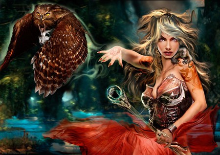 Swamp Witch - woman, witch, magic, monkey, owl