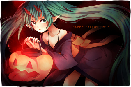 Hatsune Miku Devil - pretty, anime, vocaloid, blue, twintail, devil, hatsune miku, horns, red, blue hair, halloween, nice, blue eyes, jack o lantern, hot, kimono, cool, pumpkin, black, miku, awesome, lights, hatsune, sexy, vocaloids