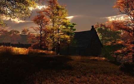 Hidden House - house, trees, autum, color, sun, sky