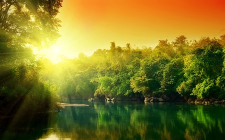 Still Lake - sky, lake, trees, forest, sun, colorful