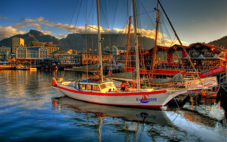 Beautiful - south africa, sunny, town, boat, landscape, harbor, harbour, reflection, sailboats, sailing, view, port, houses, sky, clouds, house, water, cape town, beautiful, ship, sea, beauty, colors, buildings, boats, colorful, nature, sailboat, ships, waves, mountains, peaceful