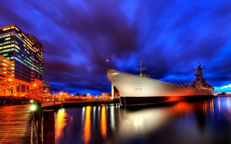 Beautiful Lights - night, reflection, view, sky, clouds, water, beautiful, ship, sea, beauty, colors, buildings, pier, colorful, nature, lights, ships, peaceful