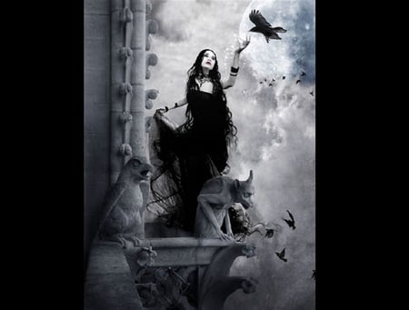 Gargoyle Roost - sky, female, goth, fantasy, raven, dark, clouds, ledge, gargoyle