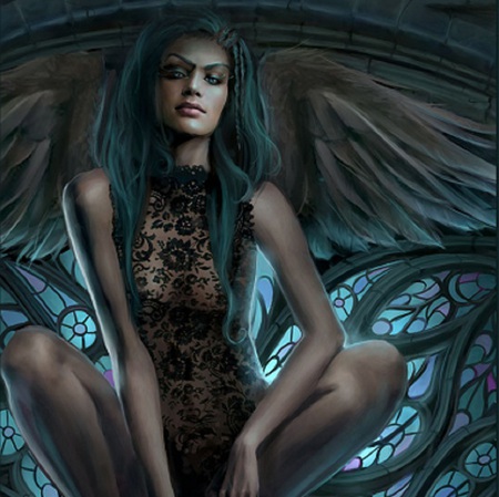 Cathedral Blue - windows, angel, female, wings, fantasy, arch, blue, lace, demon