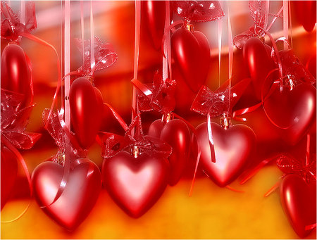 hearts on the strings - strings, abstract, art photo, red hearts