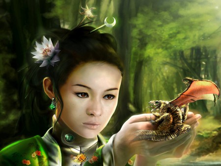 GREEN LADY - oriental, lady, dragon, green