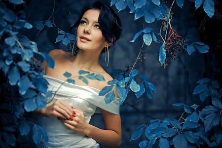 Blue leaves - leaves, woman, blue, beautiful