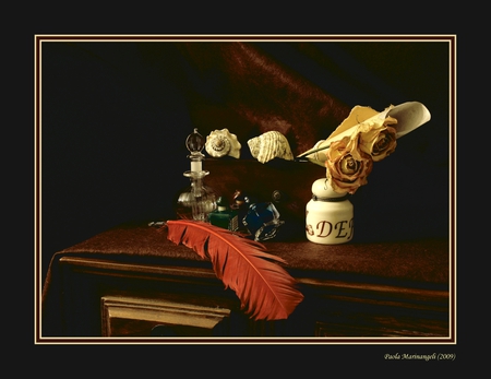 calligraphers desk with rose - dry roses, nature, desk, art photo, feather, still life