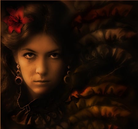 Spanish Lullaby - red, fantasy, hibiscus, beauty, earrings, female, eyes