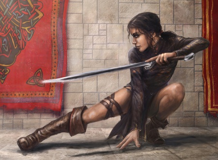 A Thief in the Castle - fantasy, female, warrior, boots, tapestry, sword, flagstones