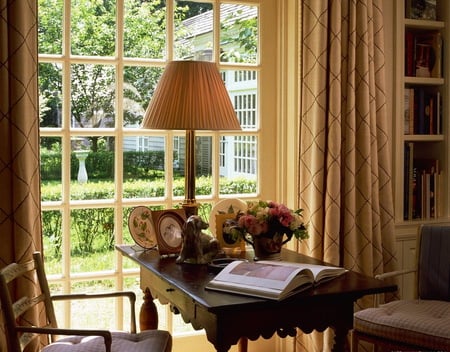 Place for relax - window, armchair, lamp, flowers, book