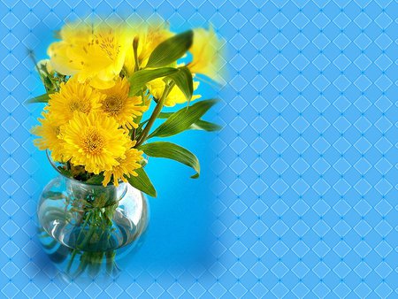 Yellow flowers in vase - flowers, vase, yellow, blue