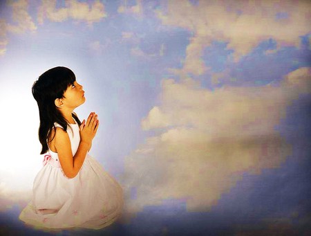 Giving Thanks - prayer, girl, clouds, blue sky, kneeling, white dress, giving thanks