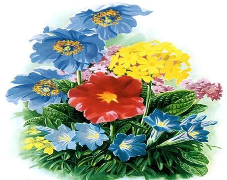 Assorted Floral Arrangement - greenery, yellow, blue, red, painting, beauty