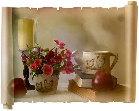 still life - nice, photography, bouquet, book, still life, cool, apple, harmony, candle, vase, fruit, beautiful, photoshop, flowers, photo, flower, candlestick