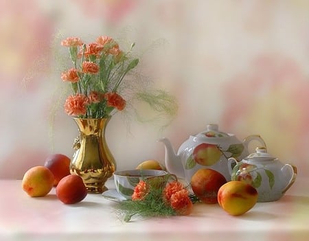 still life - flower, beautiful, bouquet, vase, cup, tea, fruit, elegantly, peach, photography, gentle, nature, drink, cool, flowers, photo, still life, decoration, nice, jug