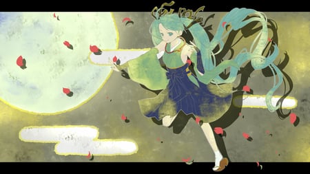 Hatsune Miku - pretty, anime, vocaloid, twintail, hatsune miku, leaves, blue hair, nice, blue eyes, beautiful, beauty, kimono, cool, miku, awesome, cute, hatsune, culture, vocaloids, japanese