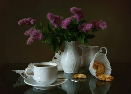 still life - nice, photography, bouquet, still life, white, purple, cool, lace, harmony, drink, coffee, tea, vase, cup, beautiful, jug, biscuits, flowers, porcelain, photo, flower