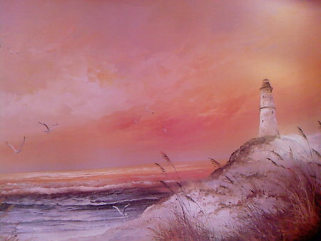 Lighthouse - seagulls, lighthouse, orange clouds, orange, sunset, sea, waves