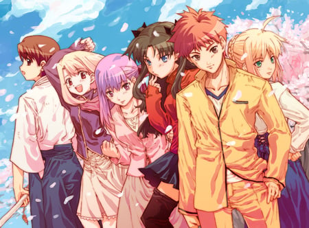 Fate/Stay Night - saber, illyaviel von einzbern, emiya shirou, petals, matou sakura, fujimura taiga, cherry trees, toshaka rin, fuduki yoshihiro, fate stay night